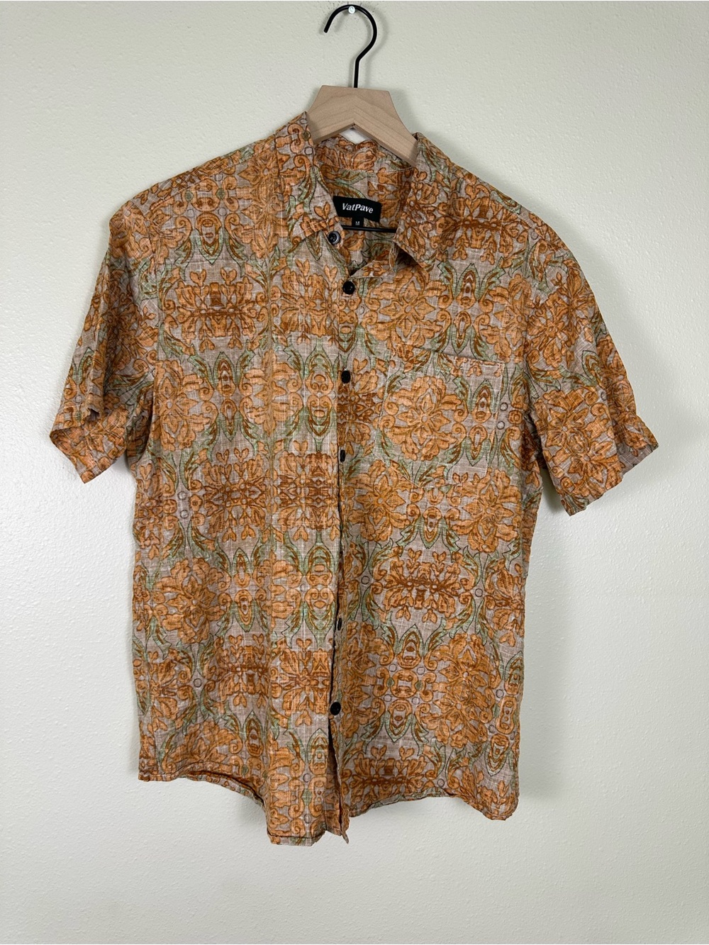 VAT PAVE Men's Medium Orange Bohemian Festival Patterned Button Down Shirt